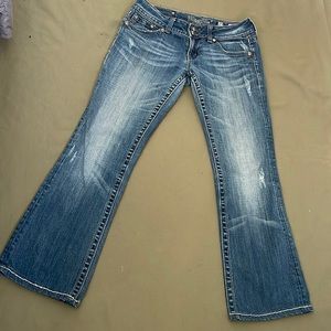 MISS Me  boot cut Distressed bling cristals, chained Pockets Womens Jeans sz 29”